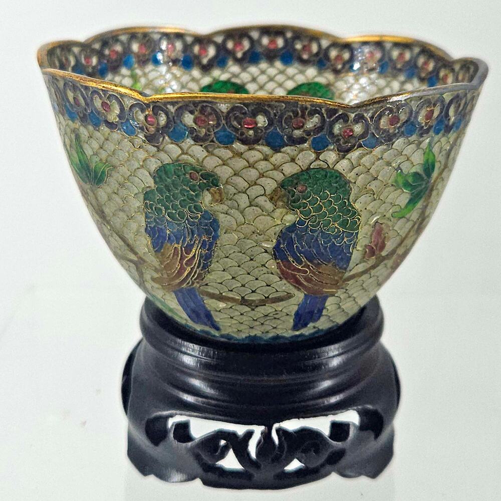 Vintage Chinese Plique A jour Cloisonne cup dish wood stand Parrots floral